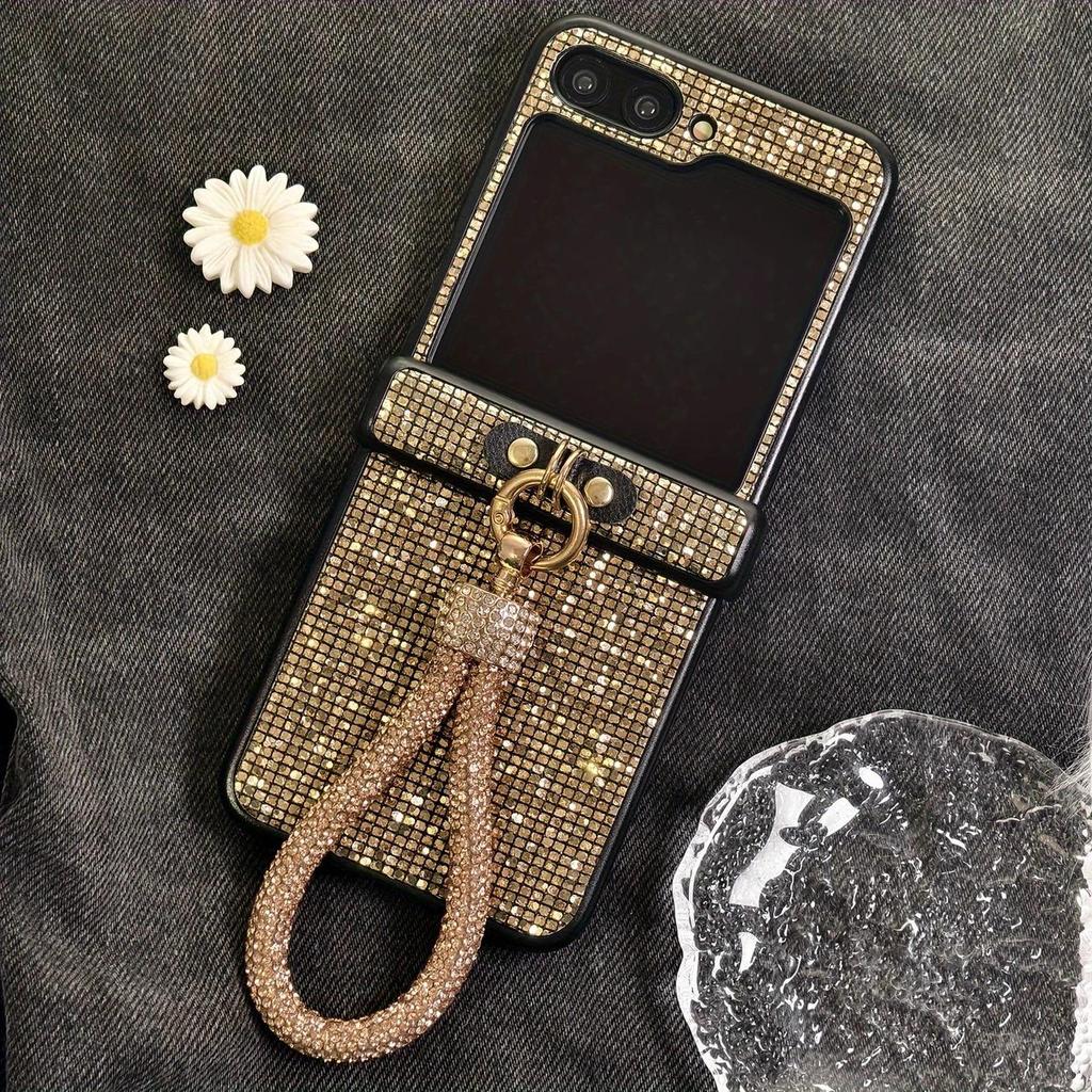 Etui ochronne na smycz z cyrkoniami do Samsung Z Flip7 z pełnym pokryciem i zintegrowanym zawiasem