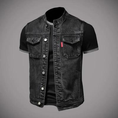 Men's European Station Motorcycle Denim Vest Men's Sleeveless Denim Jacket Fashion Trend Jacket Slim Jacket