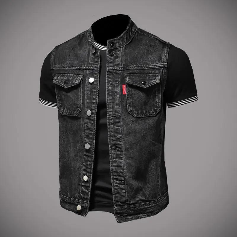 European Station Motorcycle Denim Vest Men's Sleeveless Denim Jacket Fashion Trend Men's Jacket Slim Jacket