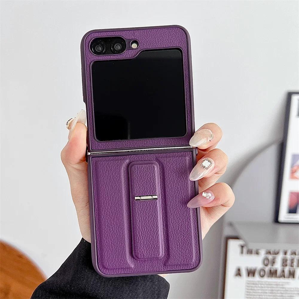 PU Leather Cover with Invisible Bracket For Samsung Galaxy Z Flip 6 5 4 3 Flip6 Flip5 Flip4 Flip3 5G Hard Plastic Phone Case