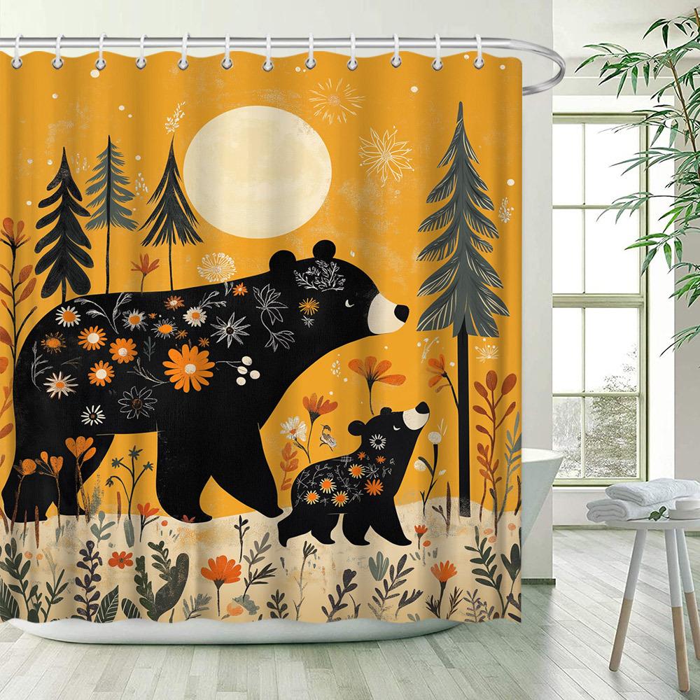 Charming Bear & Floral Shower Curtain - Waterproof, Mildew-Resistant With Rustic Forest Design For Cozy Bathroom Decor