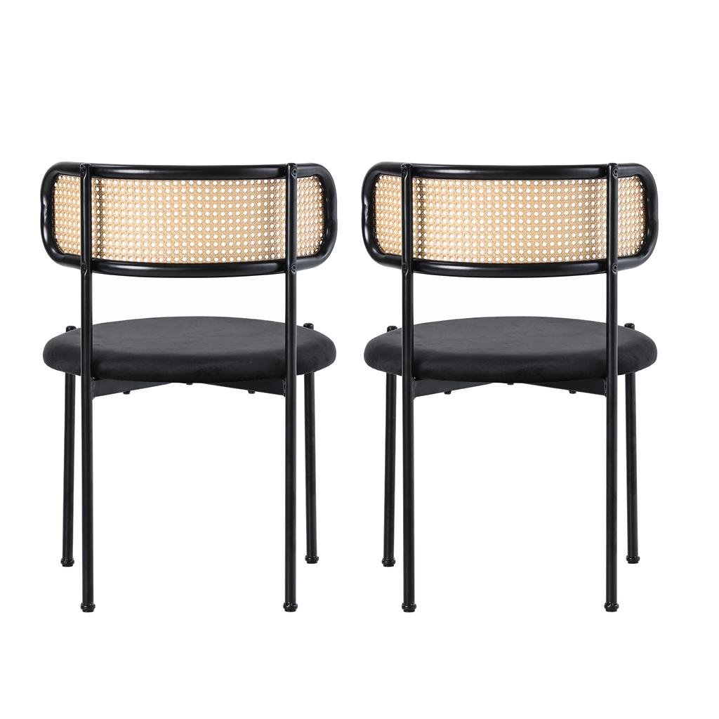 Velvet Dining Chair, Set of 2, Modern, Simple Leisure Chair with Four Metal Support Legs, Rattan Leisure Chair, Living Room and Bedroom Chair, Black