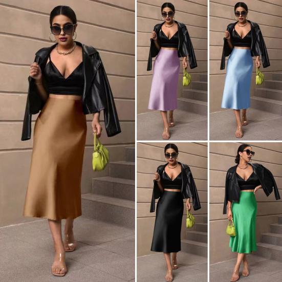 Women Midi Skirt High Waist Smooth Satin Fishtail Hem Slimming Skirt Travel Party Work Leisure Daily Wear