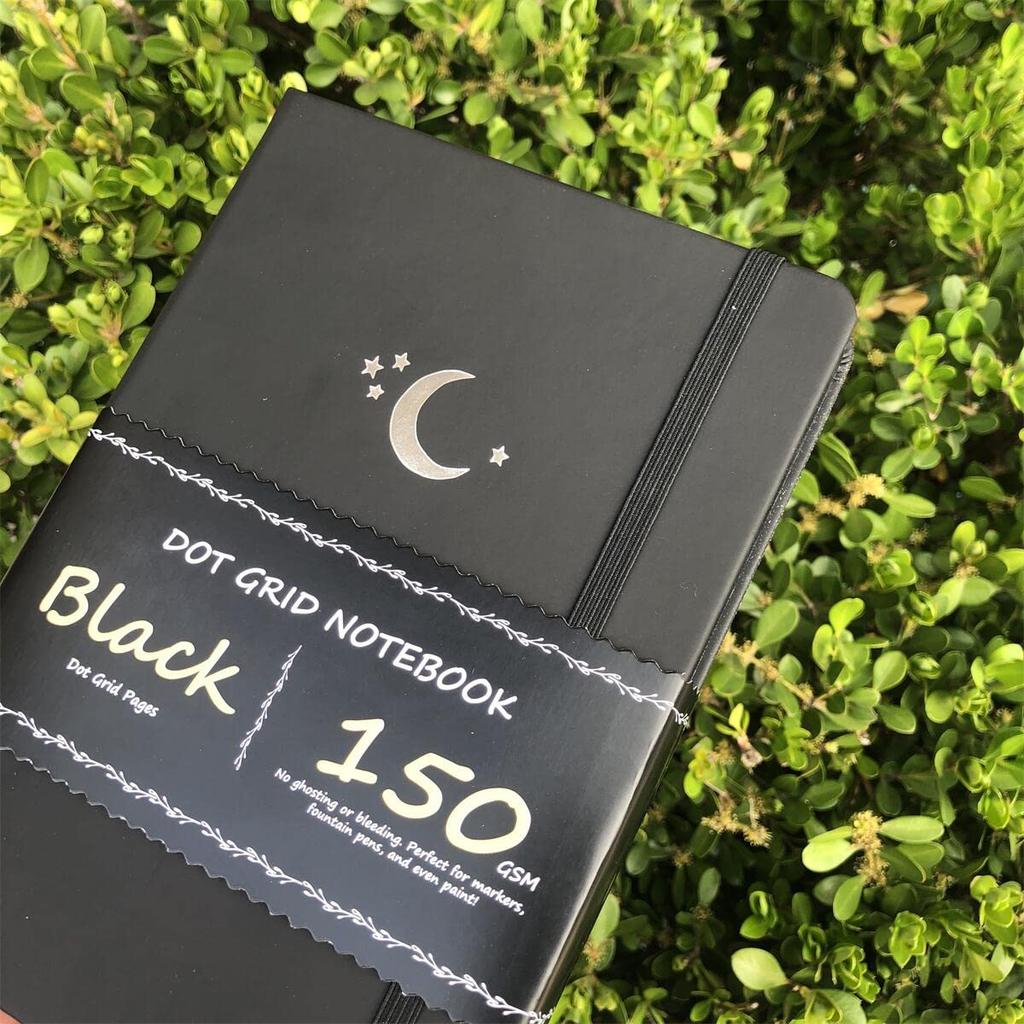 Bullet Dotted Journal Punktkariertes Notizbuch 150 g/m² Durchbluten Schwarzes Papier Nr. 160 Schwarze Seiten für Frauen und Männer A5 PU-Leder Hardcover x mit Geschenkbox 5,75"