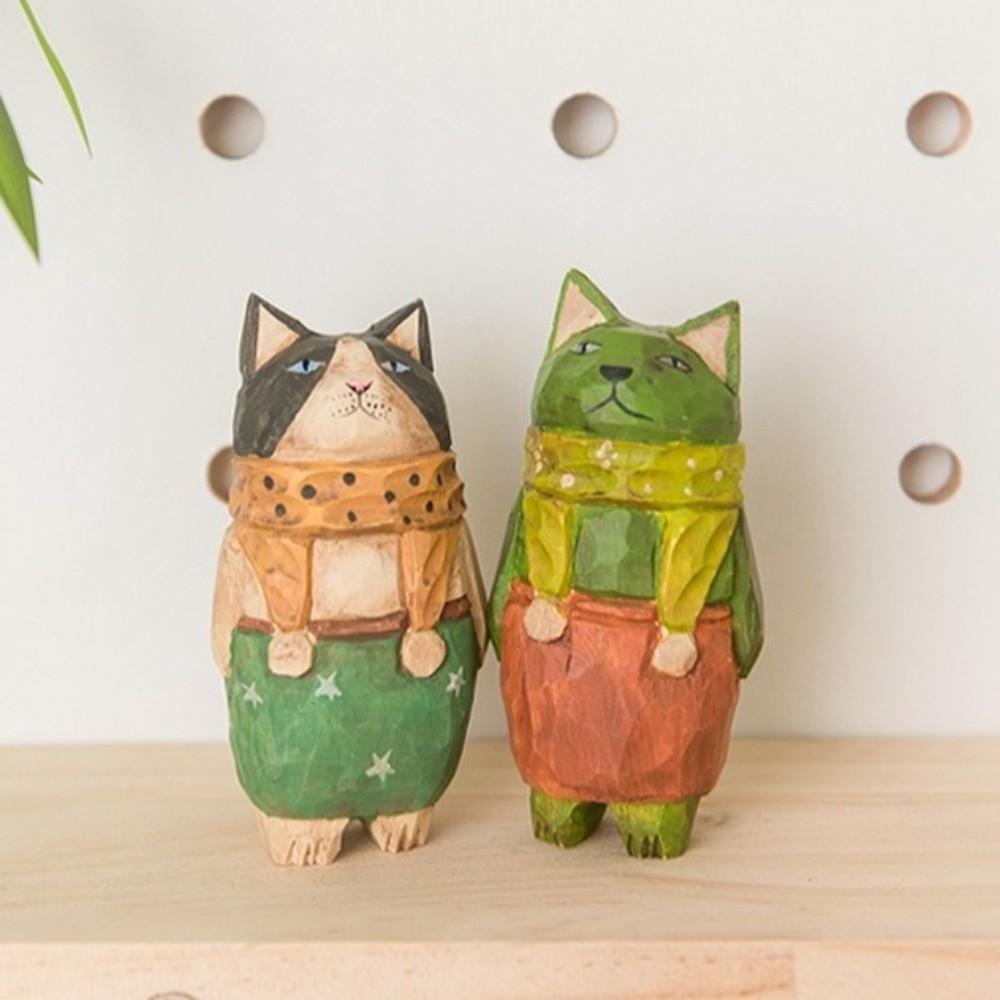 Cartoon Wood Carving Cat Ornament Handmade Hand Engraving Cat Decorations Gift Giving