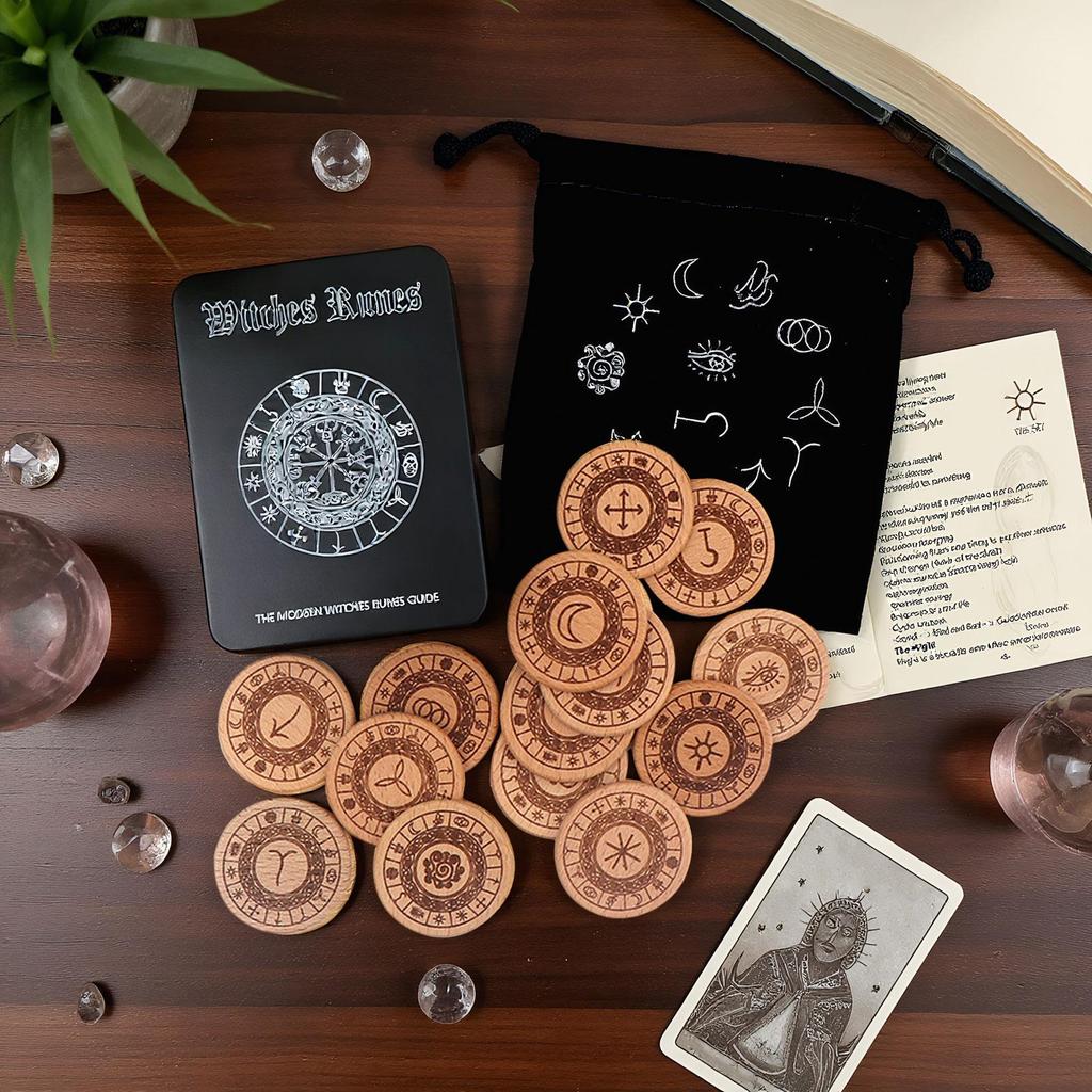 Runes Set 14 Pieces Woodcut Spiritual Wooden Rune Divination Game Set for Birthdays Family Gatherings Friends Adventure