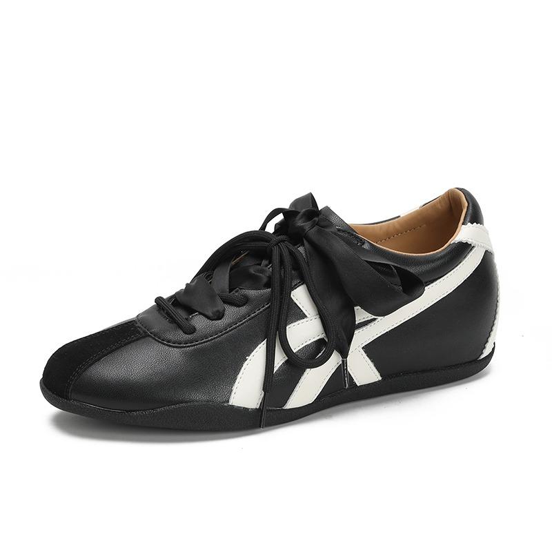 Cowhide version ~ retro contrast stitching women's leather casual sneakers soft soles comfortable ribbons