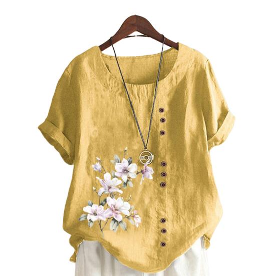 Frauen Shirt Kurzarm Rundhals Knöpfe Dekor Lose Atmungsaktive Streetwear