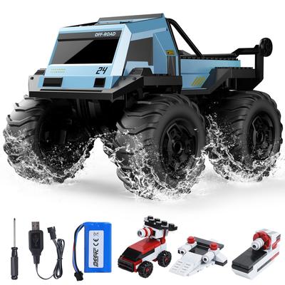 DEERC RC Car for Amphibious Stunt IPX7 Block Monster for Boys Kids, Off-Road Car, 4-Wheel Drive, Waterproof, Compatible, Truck, One-Key Stand,