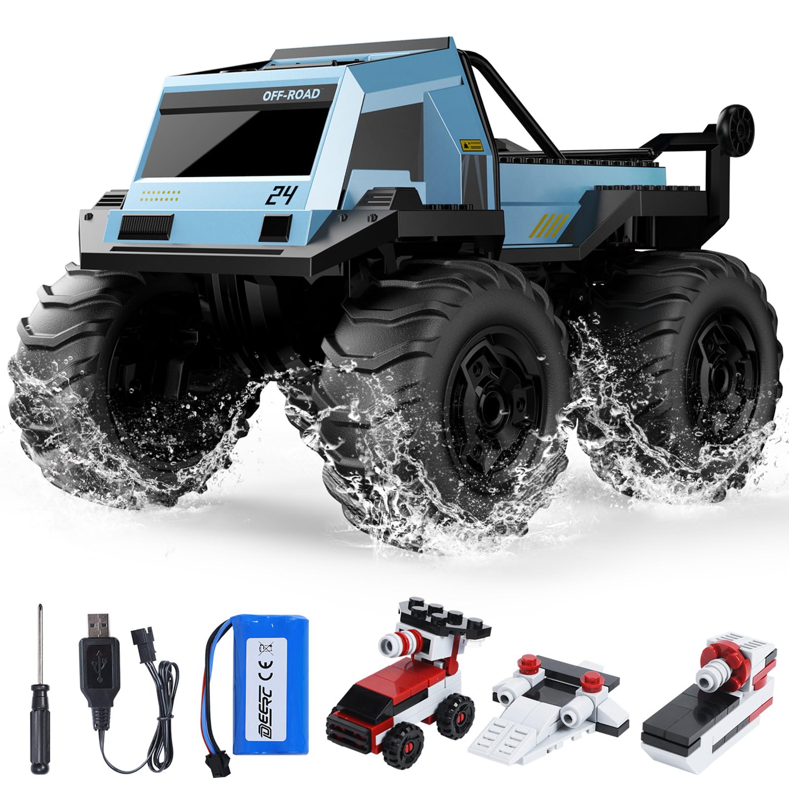 

DEERC RC Car for Kids, Amphibious Off-Road Stunt Car, 4-Wheel Drive, IPX7 Waterproof, Block Compatible, Monster Truck, One-Key Stand, 360-Degree