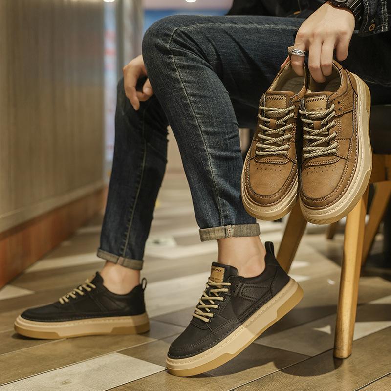 Men's shoes 2025 genuine leather new British style retro tooling leather surface casual shoes men's wear-resistant platform Martin boots men