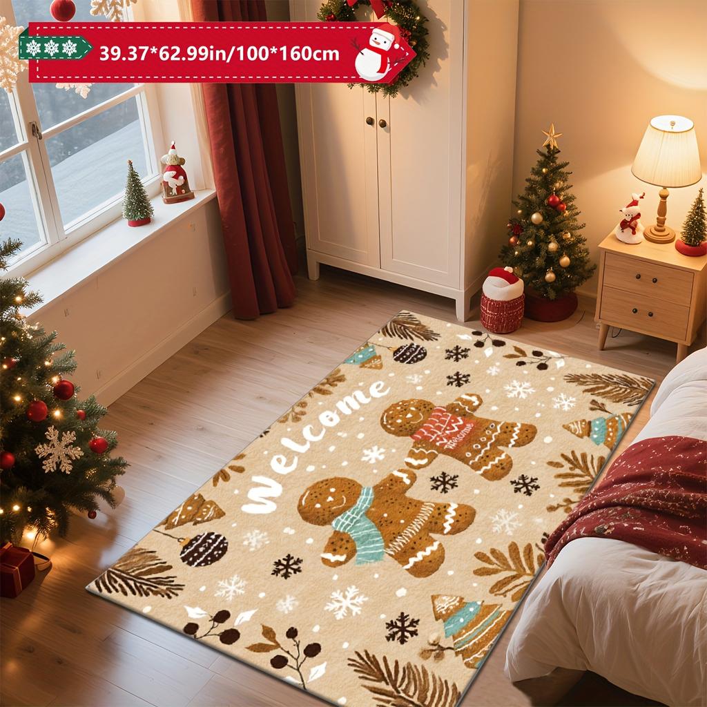 1pc Gingerbread Man Welcome Print Area Rug, 2D Flat Print, Versatile Holiday Home Decor, Ideal Gift, Perfect for Bedroom