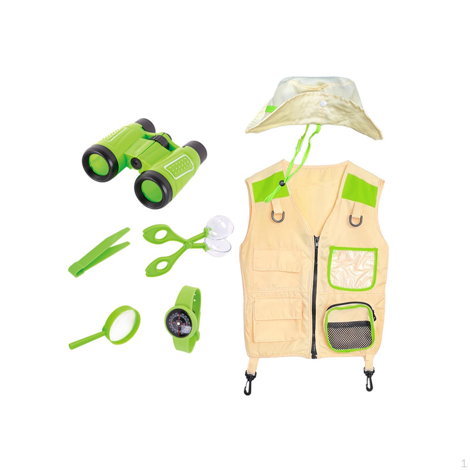 

Kids Explorer Costume Set Fancy Dress up Vest and Hat Role Play Educational Toys Props Camping Gear зелений