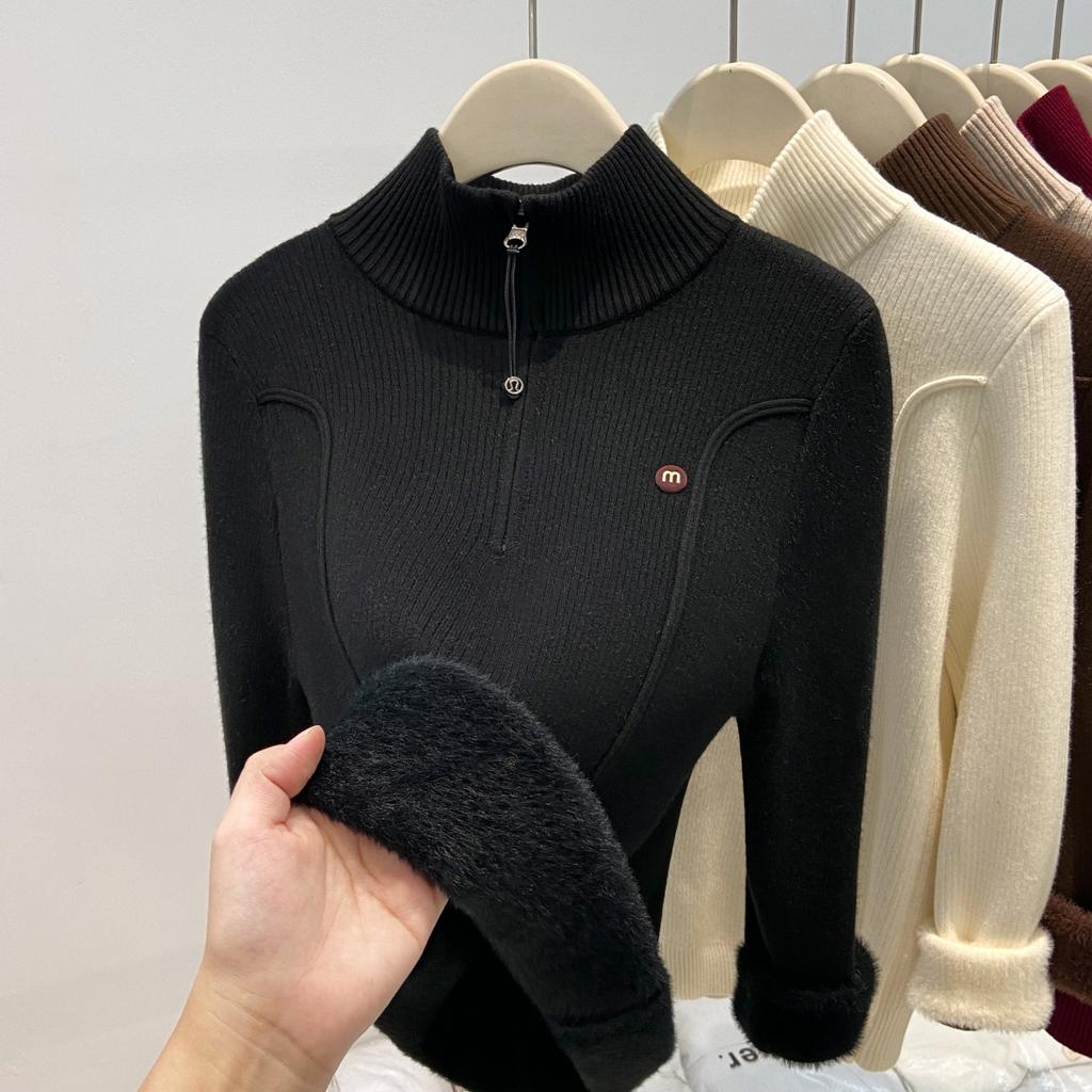 Spring Collar Basic Bottoming Shirt Top Women's Fleece Thickened Integrated Fleece with Warm Knitted Sweater