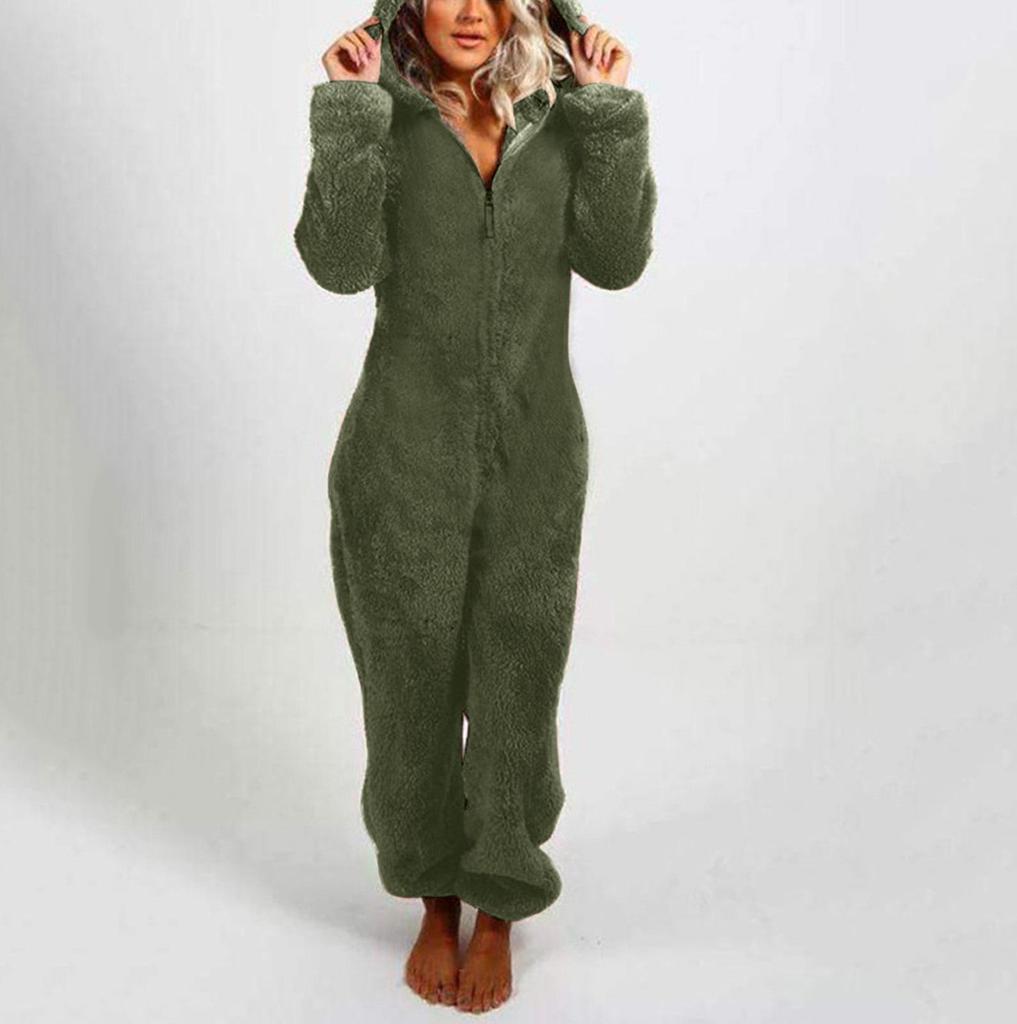 2025 European & American Autumn/Winter Women's Fleece-Lined Fur Jumpsuit Pajamas, Hooded, Available in 17 Colors
