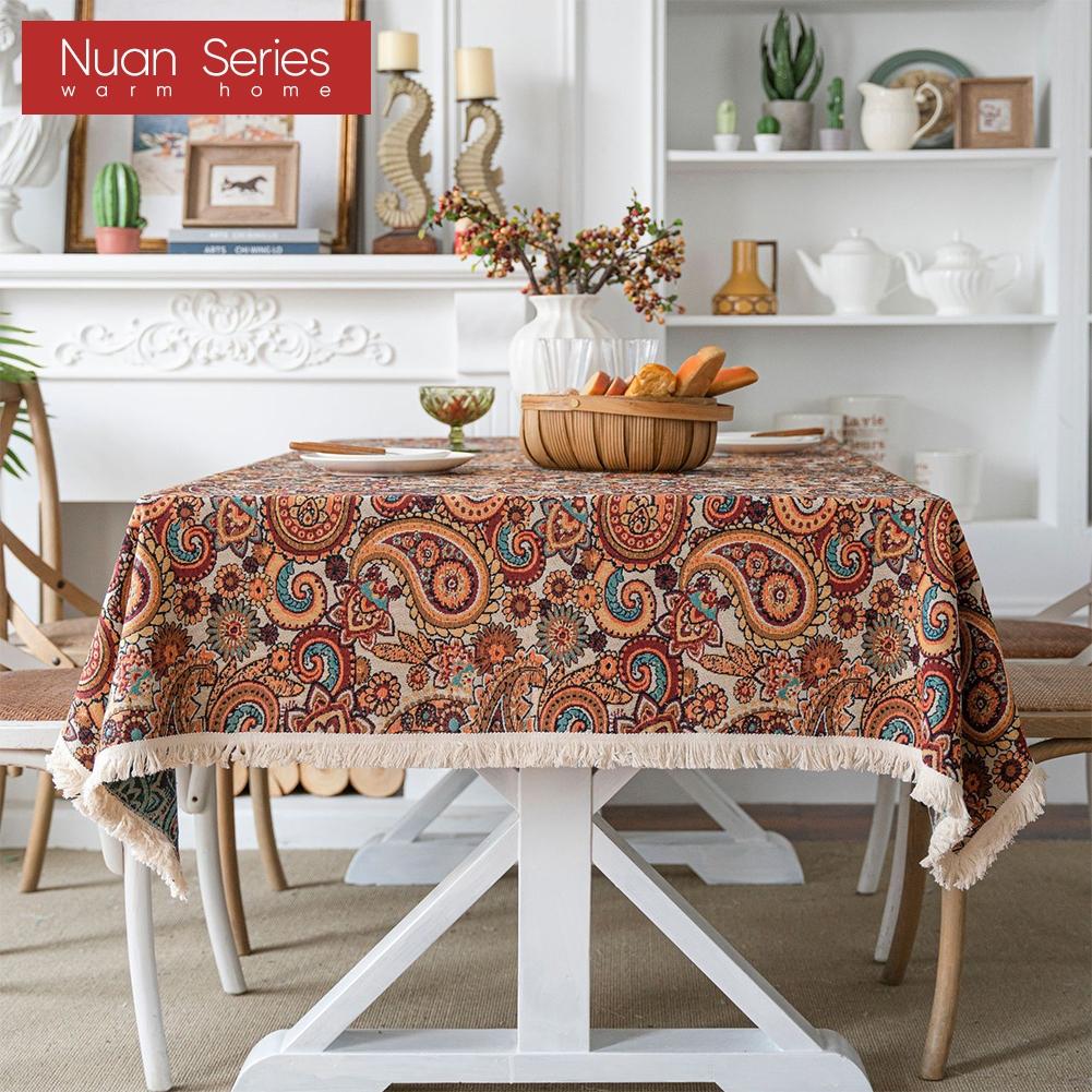 1PC Nuan Series Artistic Jacquard Romantic Style Polyester Tablecloth with Tassels for Dining Table Coffee Table Makeup Table Home Decor