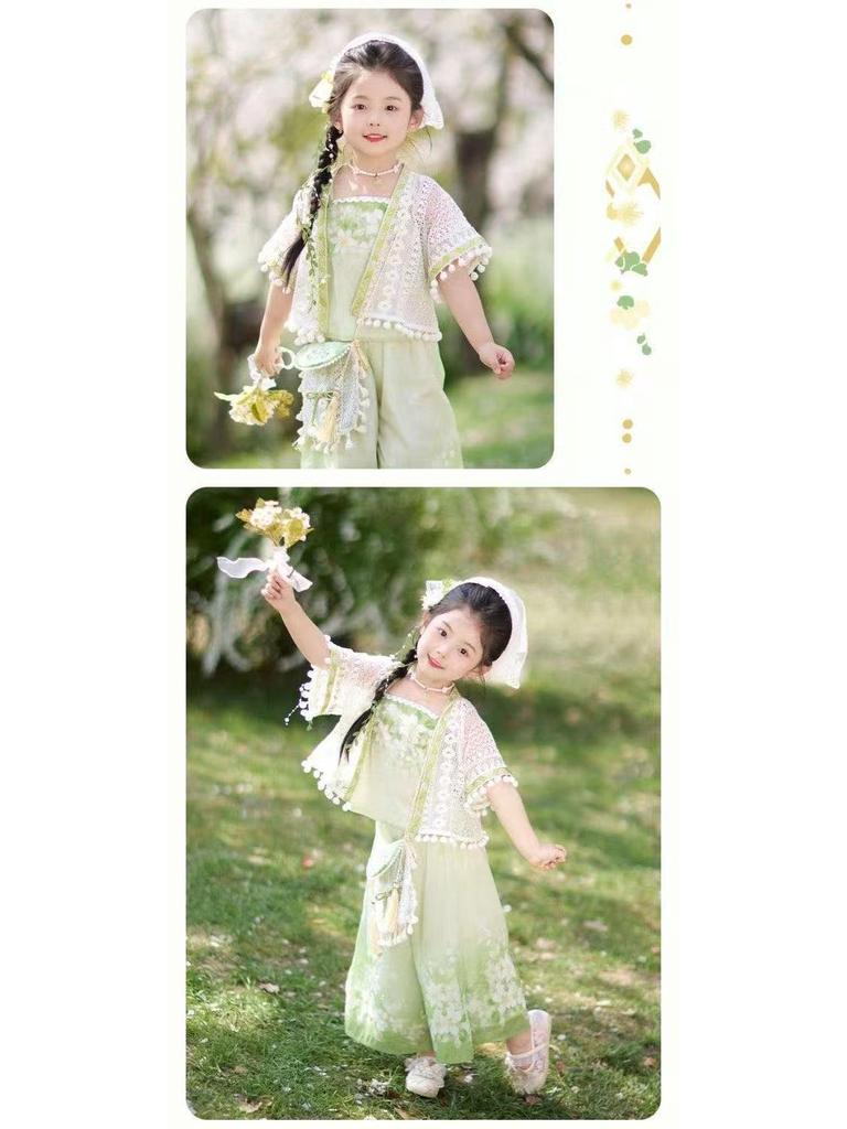 Children's Hanfu Summer 2026: New Ancient-Style Tang Suit Three-Piece Set with Trousers for Girls