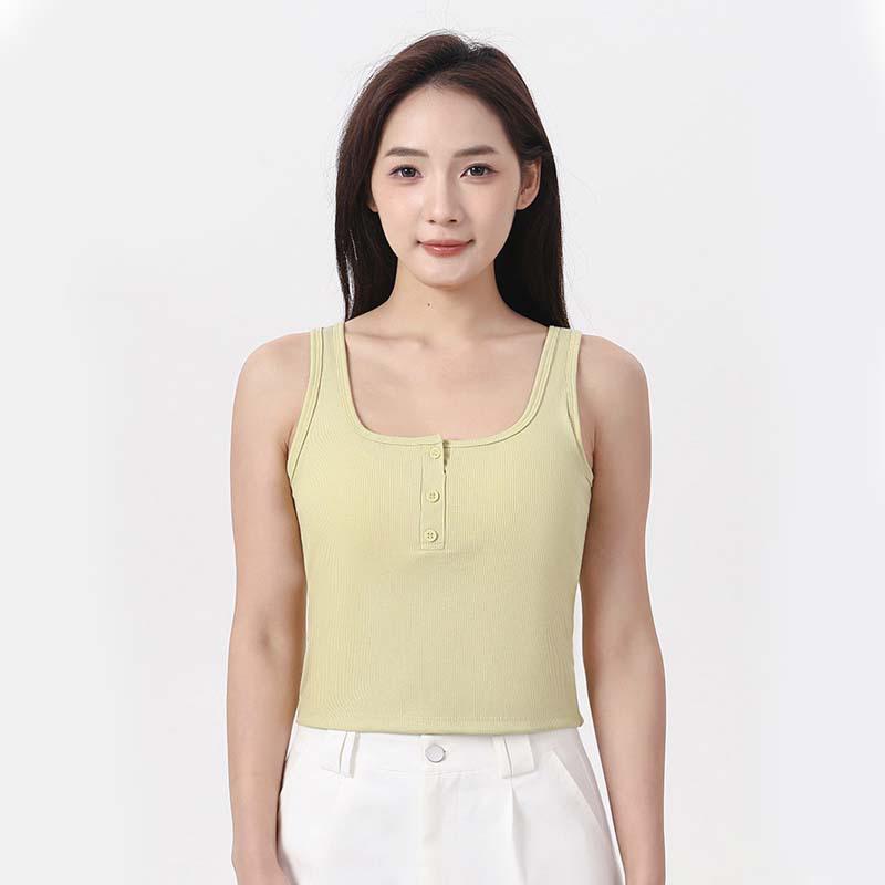 Versatile Women's Pure Cotton Ribbed Button-Up Vest with Chest Pads - Sports Slim-Fit Sleeveless Base Layer Top