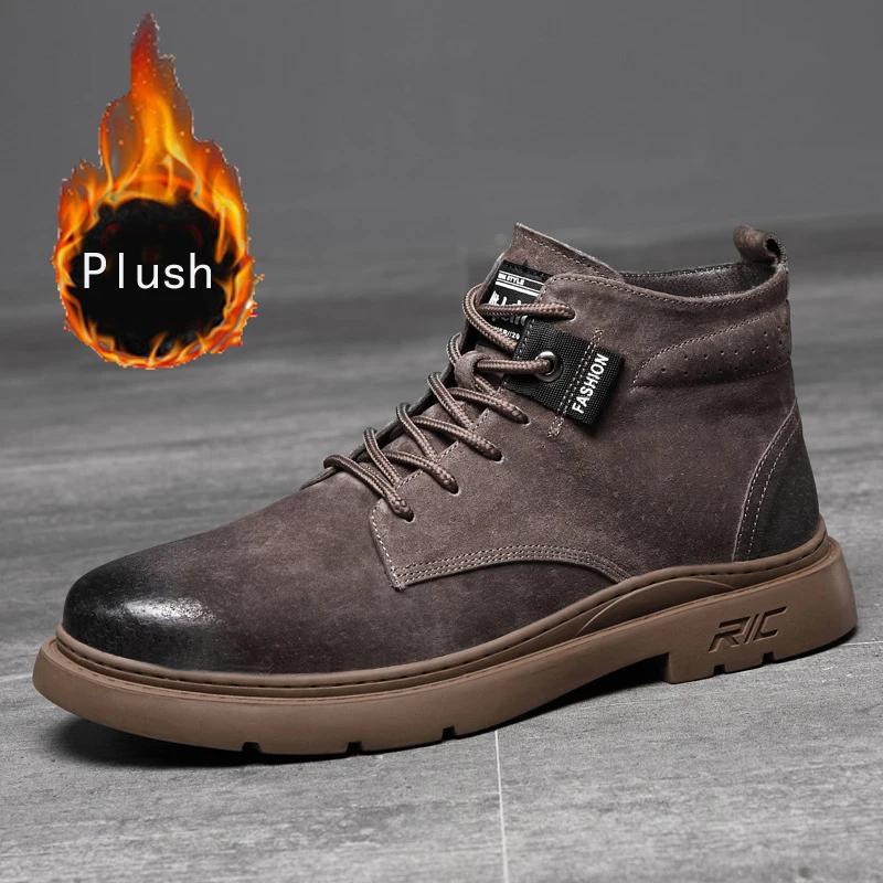 New Shoes for Men Genuine Leather Ankle Boots Autumn Fashion High Tops Leather Casual Shoes Cool Work Shoes Winter Plush Boots
