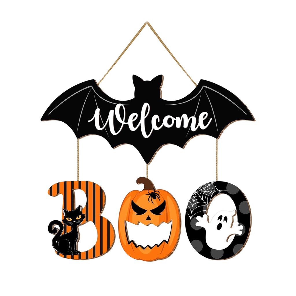 Wooden Welcome Sign for Front Door - Halloween Decorative Hanging Plaque