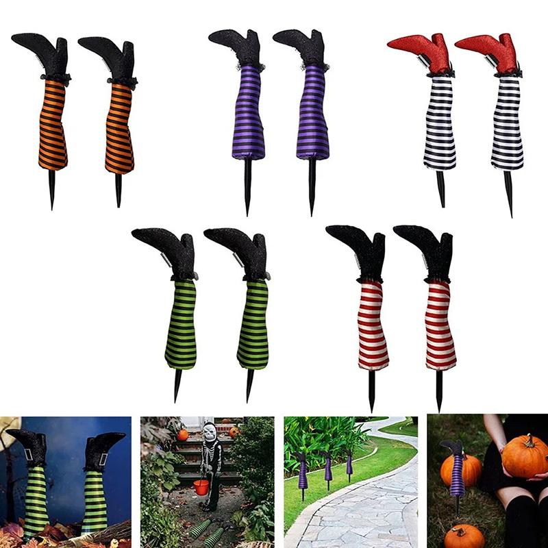 1 Pair Halloween Decoration Evil Witch Leg Decoration Inverted Evil Witch Feet Boots Stakes Courtyard Lawn Outdoor Garden Props