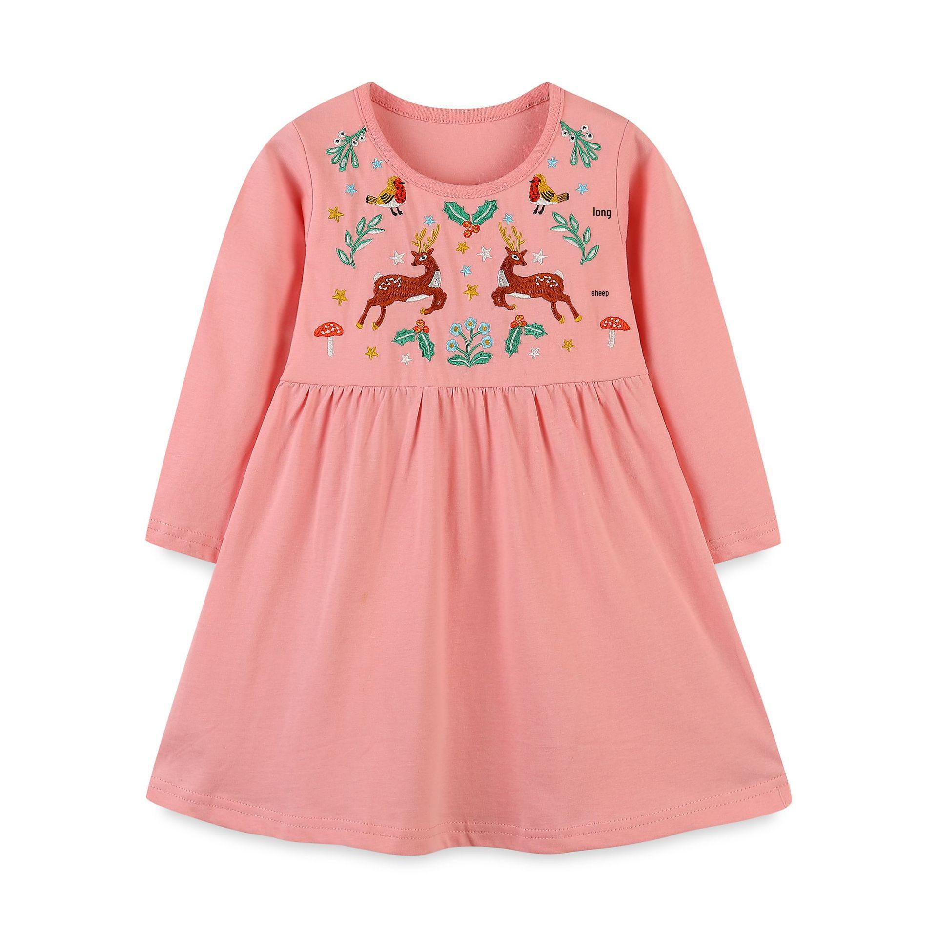 Girls  Cartoon Embroidered Cotton Knit Dress - Long-Sleeve Patchwork Princess Style 6Y
