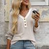 Women T-shirt V-neck Long Sleeve Buttons Half Closure Pullover Tops Color Block Splicing Design Casual Tops Daily Wear