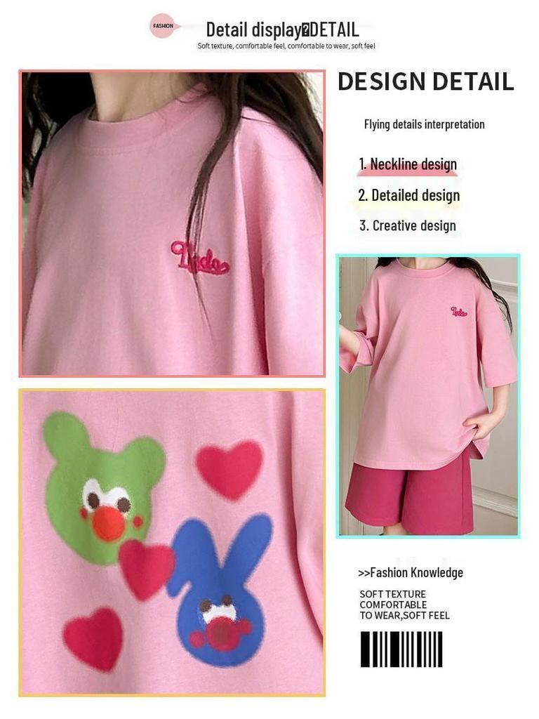 Summer 2026 Girls' Cartoon Print Two-Piece Set: Casual Loose T-Shirt and Shorts