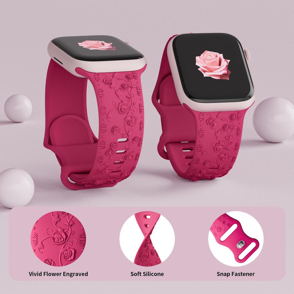 Embossed Rose Flower Silicone Strap for Apple Watch 9 Ultra