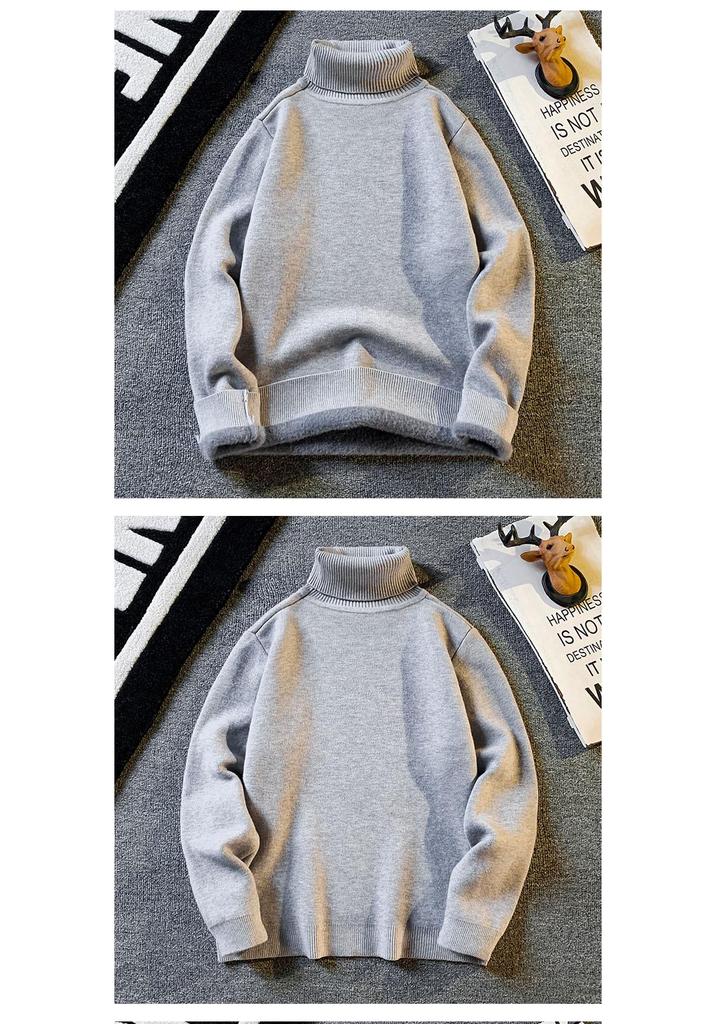 Men's Trendy High Neck Plus Velvet Sweater: Autumn/Winter Solid Color Knit Pullover