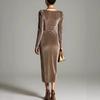 European and American women's clothing, casual velvet sexy new long-sleeved, thin pleated long split hip-wrapped dress