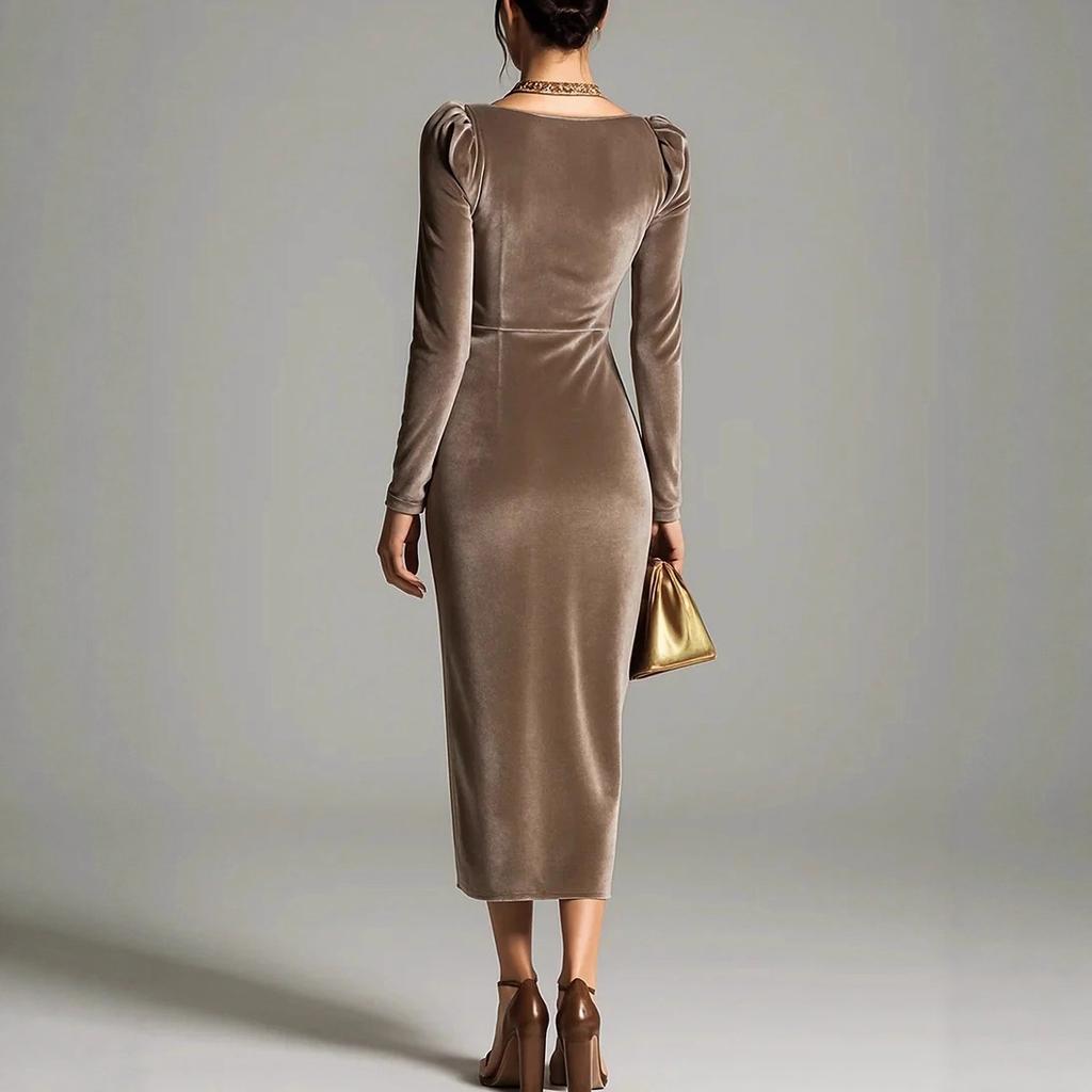 European and American women's clothing, casual velvet sexy new long-sleeved, thin pleated long split hip-wrapped dress
