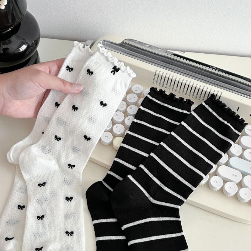 Women's Summer Socks with Mesh, Black Fungus Edges, Pile Socks, Lace Bows, Mid-calf Socks, Boneless Breathable Socks