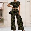 Damen Übergröße Rundhals Kurzarm Bedrucktes Schwarz Weiß Crop Top Weite Hosen Zweiteiliges Set