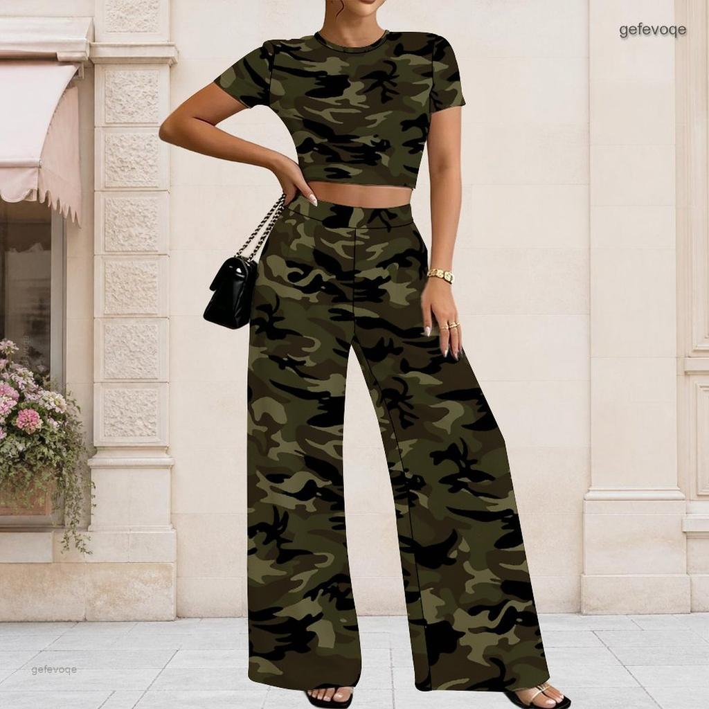 Damen Übergröße Rundhals Kurzarm Bedrucktes Schwarz Weiß Crop Top Weite Hosen Zweiteiliges Set