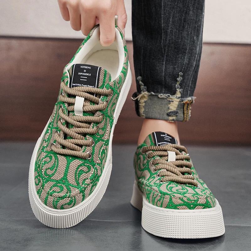 FashionDesigner Green Canvas Shoes Men Fashion Print Mens Vulcanized Sneakers Breathable Platform Sports Skateboard Shoes For Men 2024