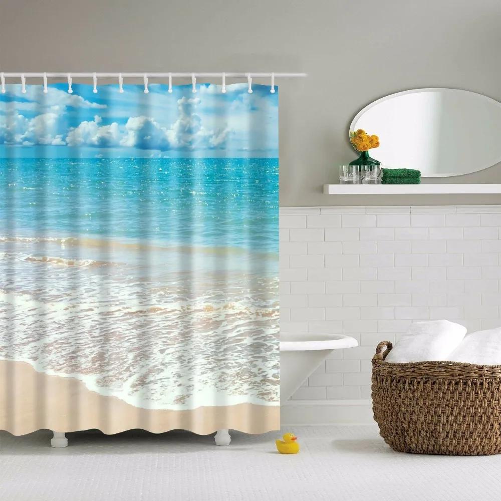 Küstenlandschaft Strand Muscheln Duschvorhänge Seestern Schneckenhaus Blaues Brett Palmen Sonnenuntergang Naturlandschaft Badezimmervorhang Dekor
