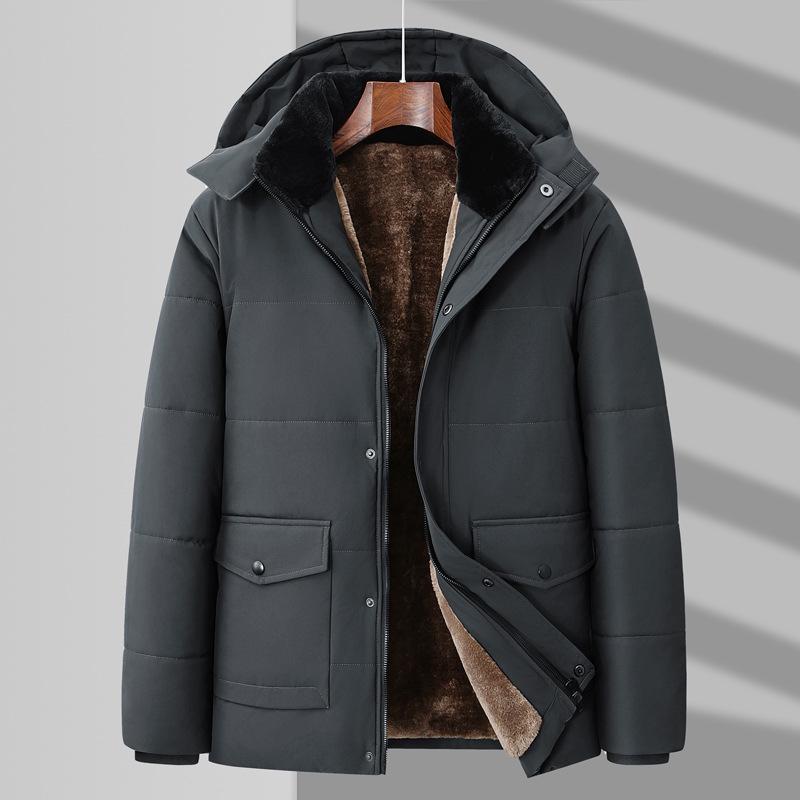 Men's Winter Classic Velvet-Lined Mid-Length Coat with Detachable Hood