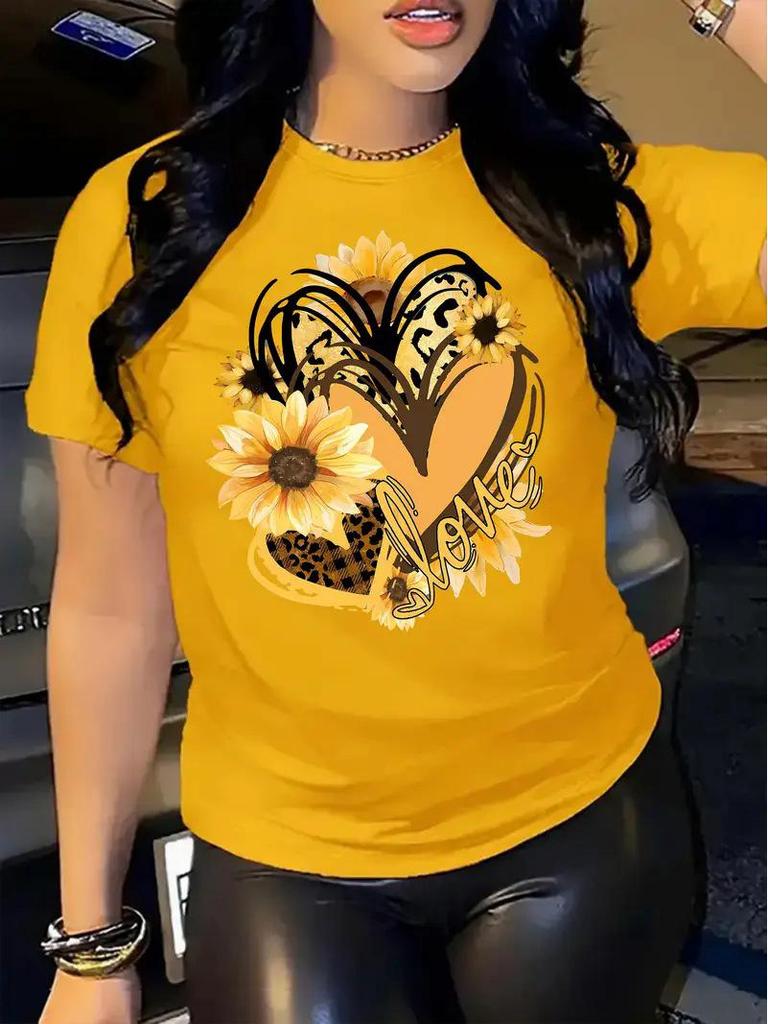 European and American Women's Yellow Short-Sleeved Top with Picture Design