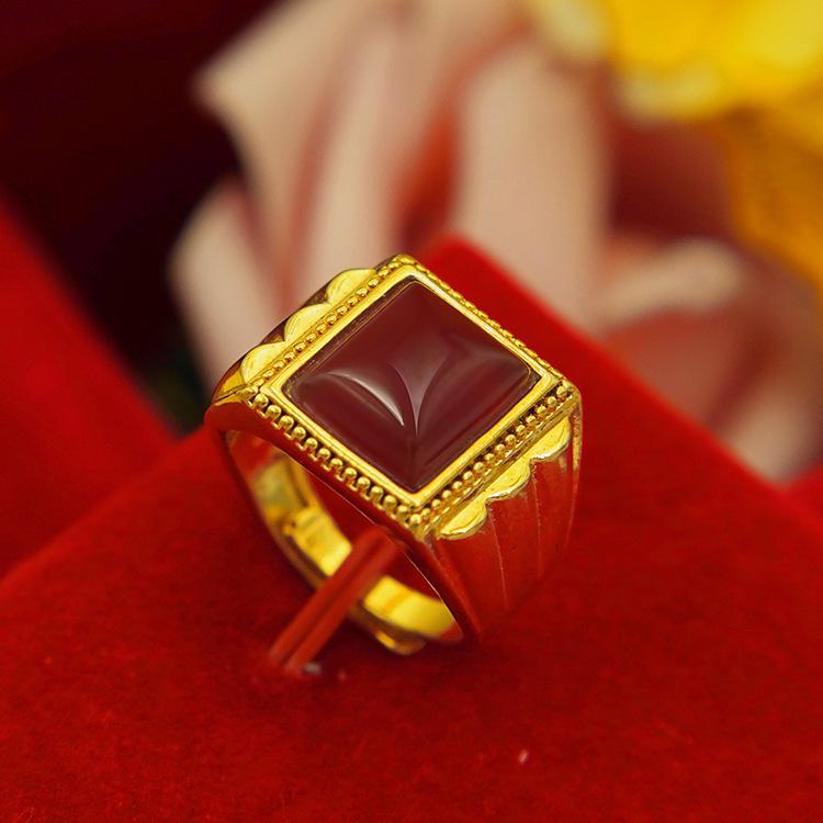 Men's Gold-Plated Brass Ring with Obsidian Sand and Agate