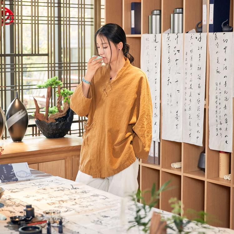 

Autumn Sand Wash Linen Zen Tea Collar Tie-Up Retro Chinese Cardigan One Size