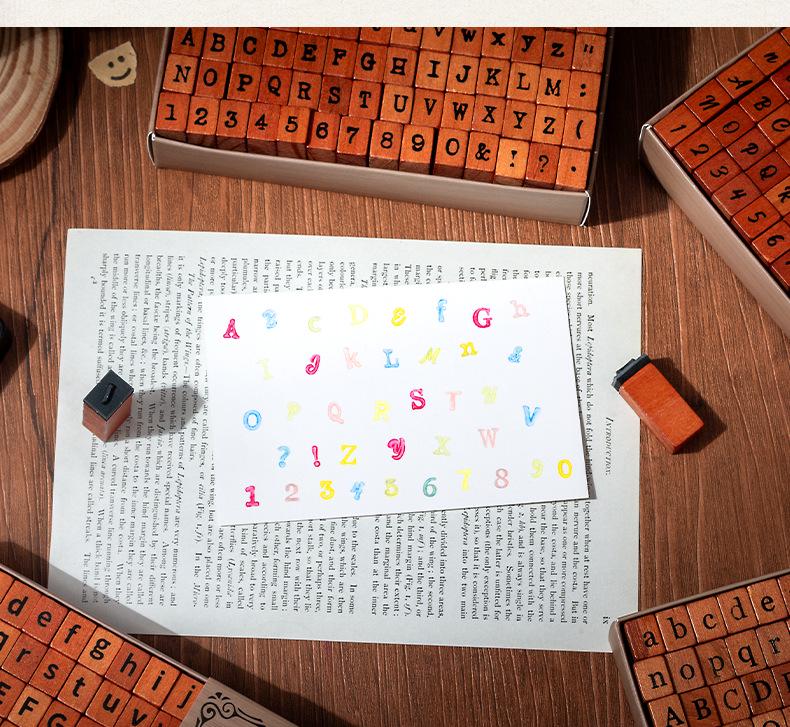 70-Piece Retro Wooden Stamp Set with Uppercase/Lowercase Letters, Numbers & Symbols