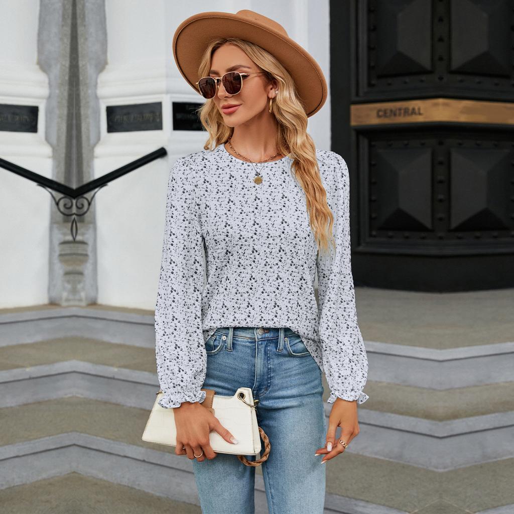 GMXIA Women's Fashion Autumn Winter Casual Solid Color Print Long Sleeve O Neck Blouses & Shirts