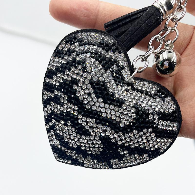 Diamond Zebra Print Heart Keychain with Tassel - Metal Pendant Bag Charm