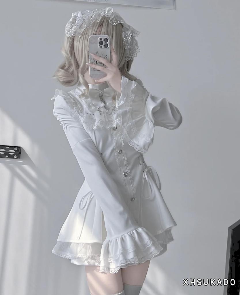 Cute Long Detachable Cross Ribbon Ruffled Flared Lolita Girly Student Outfit [XHSUKADO] Women's Lace-Up Dress, Sleeves, Brooch, Lace, Sleeves, A-Line,