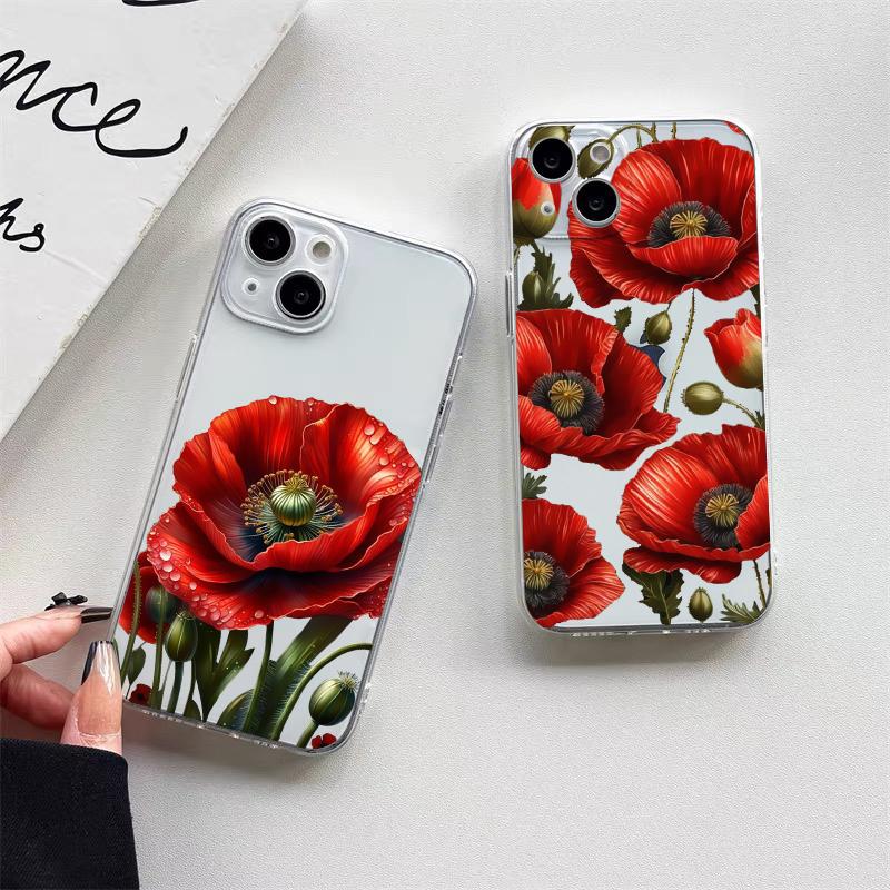 Poppy Flower Bloom Hot Red Clear Case For iPhone 15 11 14 Pro Max 12 13 Pro Max Mini XS X XR SE 2020 7 8 Plus Transparent Cover