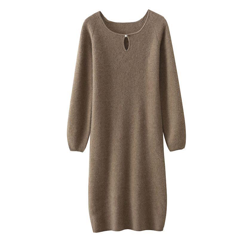 Solid Color Knitted Sweater Dress - Round Neck, Mid-Length, Loose Fit, Slimming, Fashionable for Spring and Autumn
