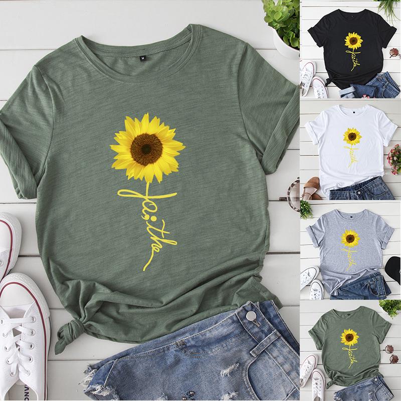 ATACT Sunflower Short Sleeve T Shirt Waymaker Tee Women Causal V Neck Loose Tops Blouse
