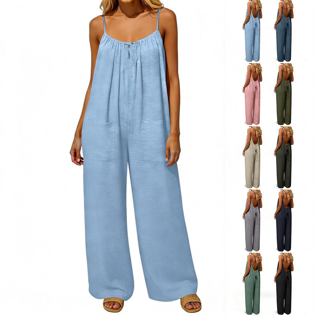 Damen-Jumpsuit, Lässige und lockere Passform, Mit rückenfreiem Design und dünnen Vintage-Trägern. Dieser Loungewear-Jumpsuit ist aus Baumwolle und Li
