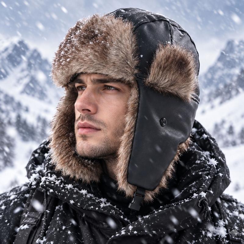 Dick gefütterte Trapper-Mütze mit PU-Außenschicht, strukturierter Zierleiste und Ohrenklappen für den Winter-Arbeitsweg und Reisen